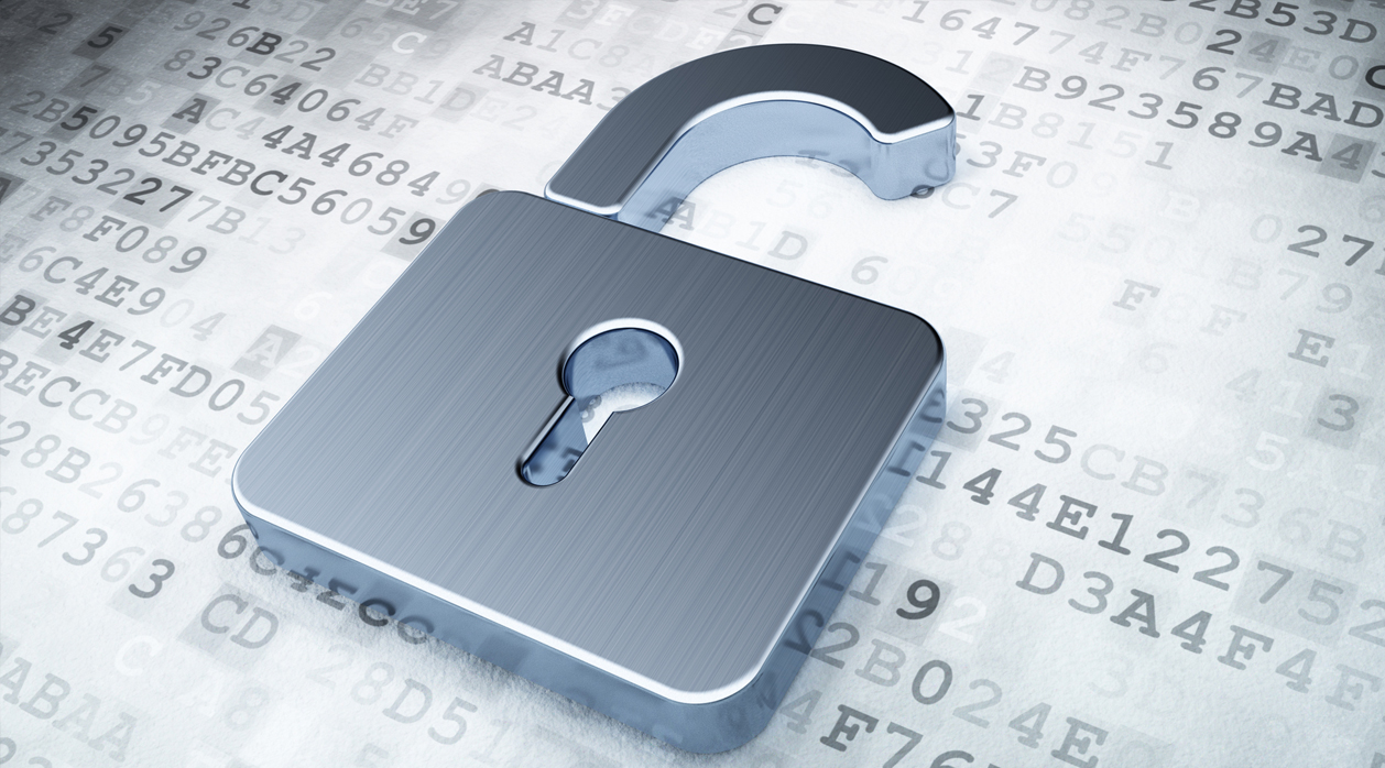 Open padlock over digital data