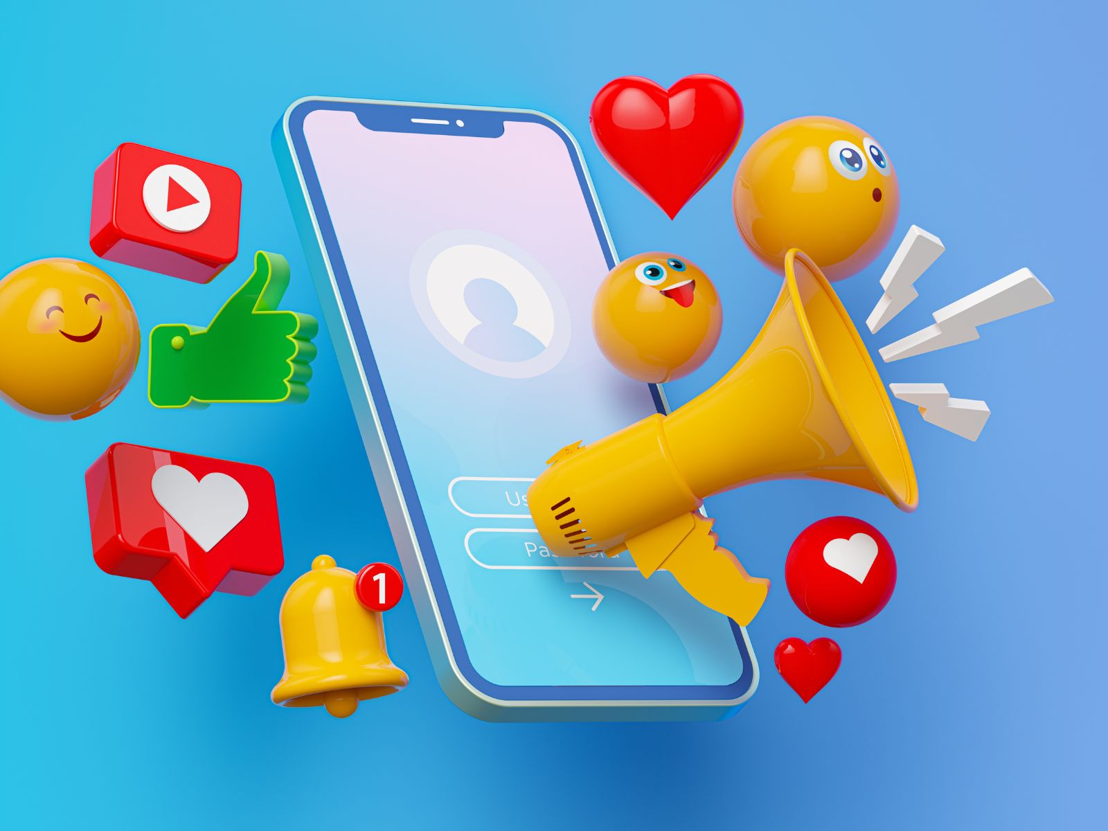 Smartphone with social media icons and marketing megaphone