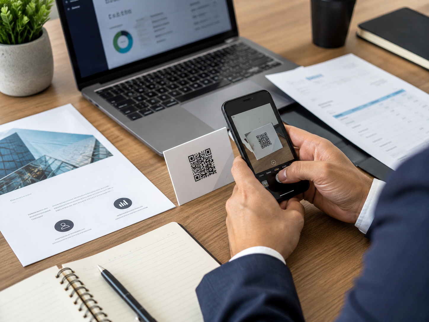 Business person scanning a digital business card QR code