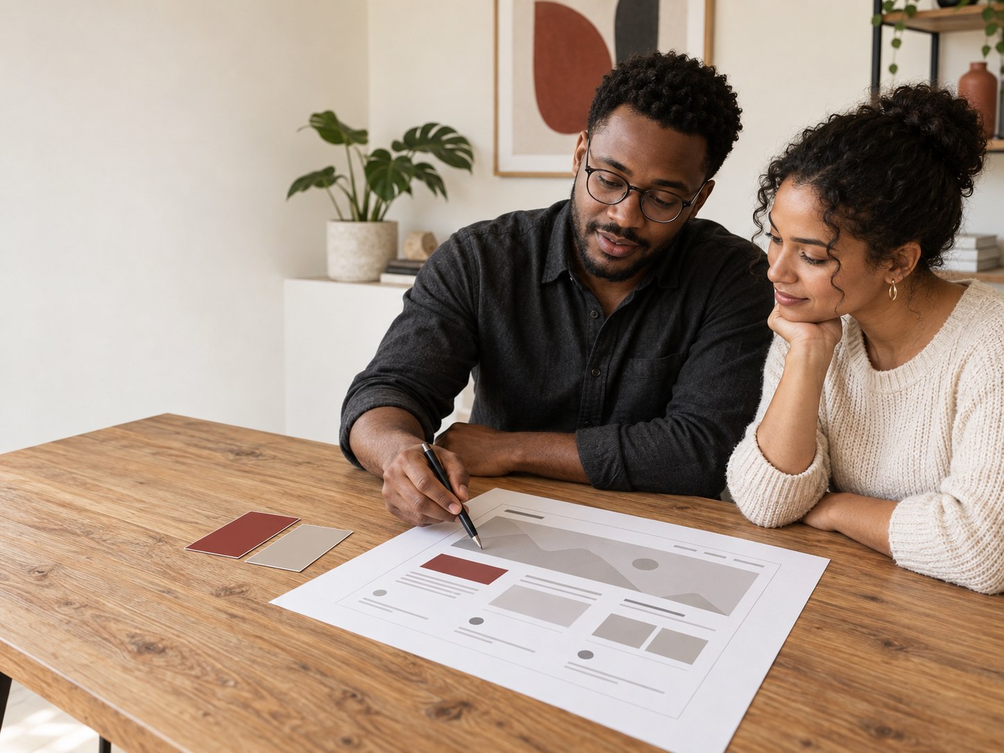 Business owner and web designer reviewing a bespoke website layout together