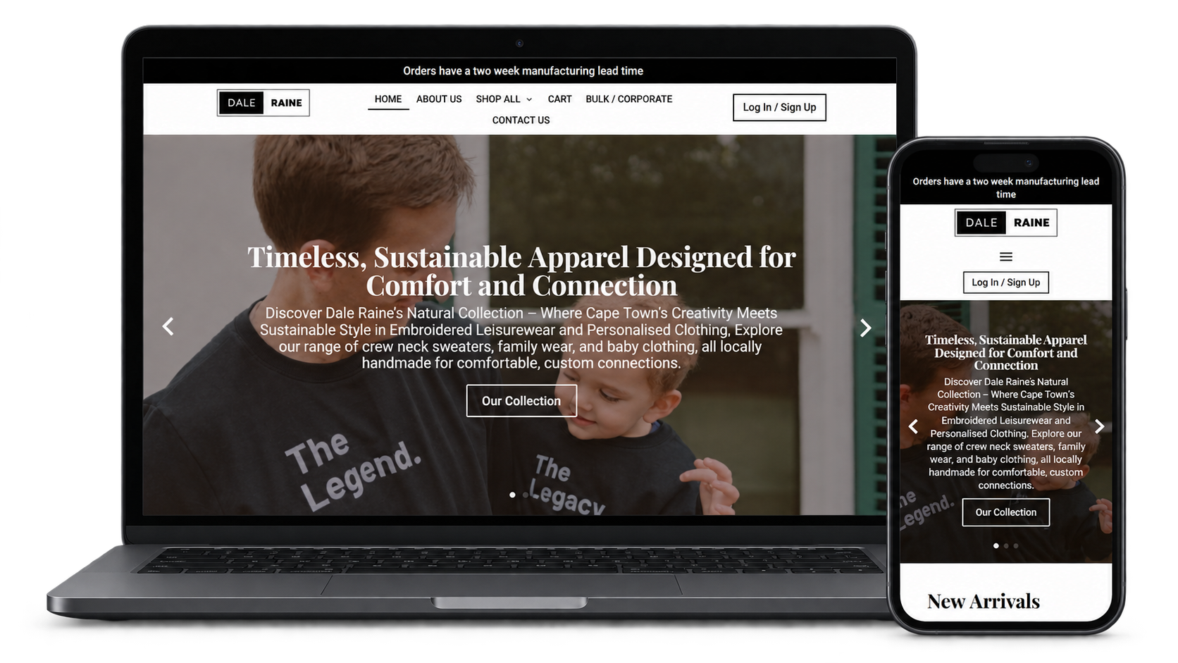 Dale Raine online store displayed on a laptop and smartphone