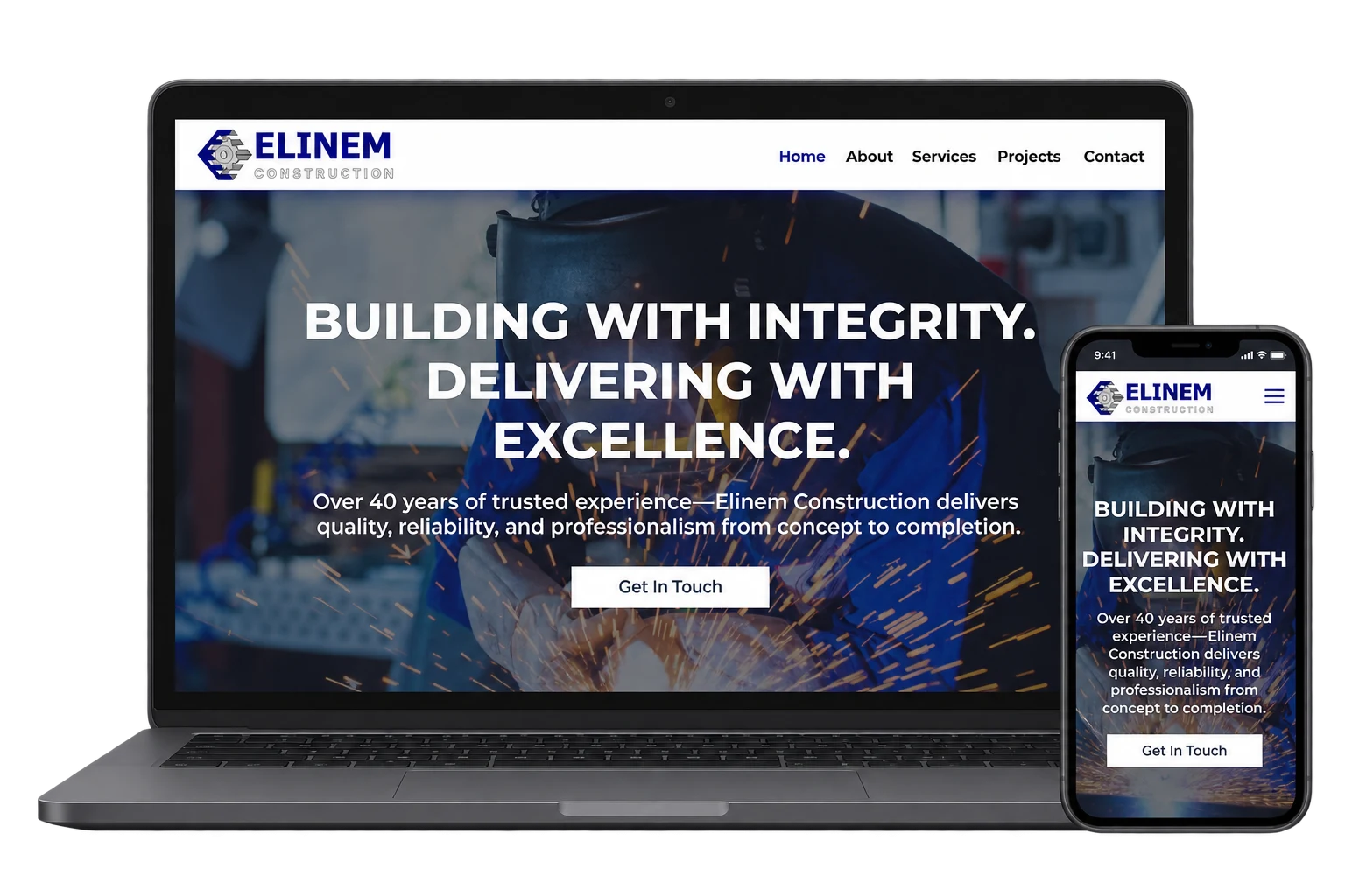 Elinem Construction website Elinem Construction website displayed on a laptop and smartphone