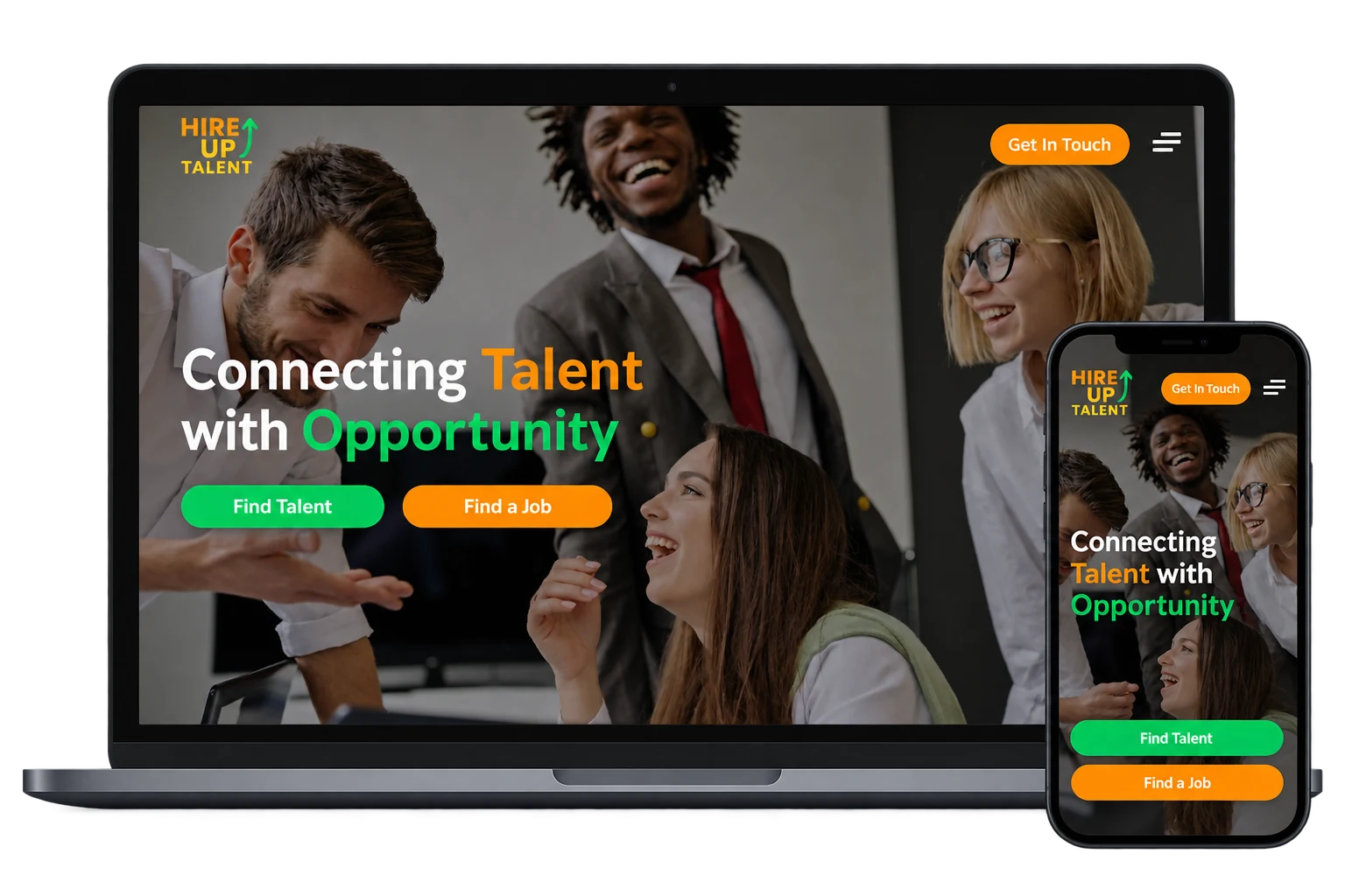 Hire Up Talent website Hire Up Talent website displayed on a laptop and smartphone