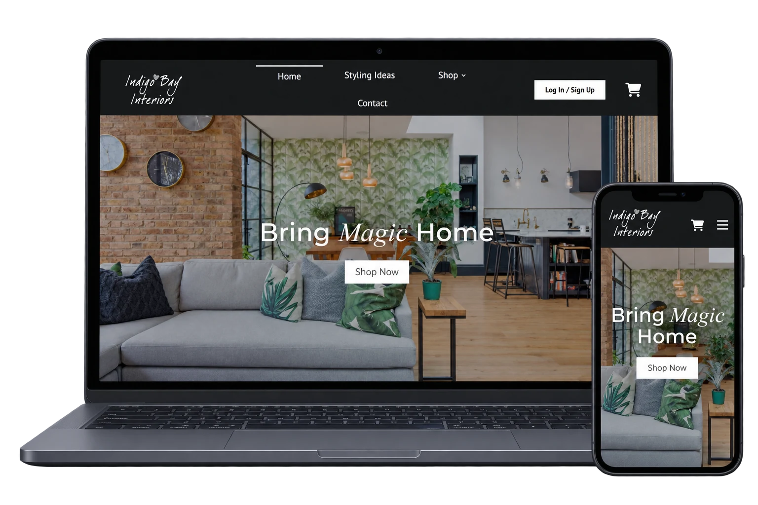 Indigo Bay Interiors website Indigo Bay Interiors website displayed on a laptop and smartphone