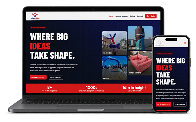 InflataVision responsive website displayed on a laptop and smartphone