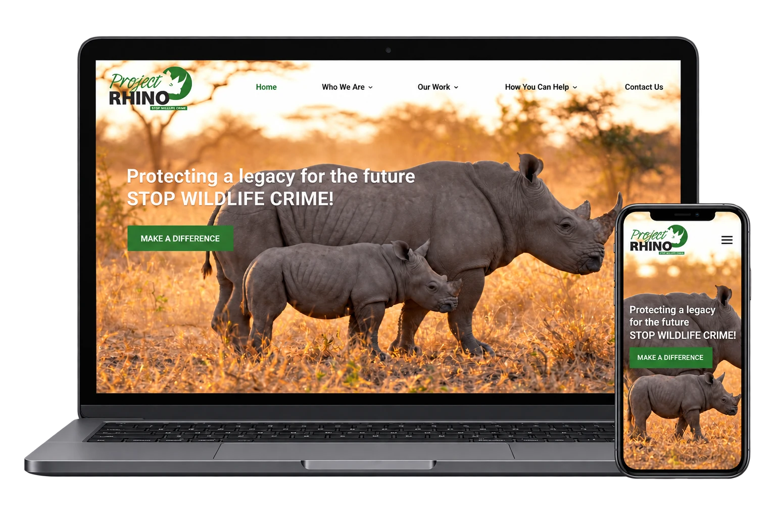 Project Rhino sponsored website displayed on desktop and mobile devices
