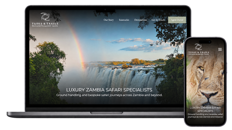 Tusks and Trails responsive website displayed on a laptop and smartphone
