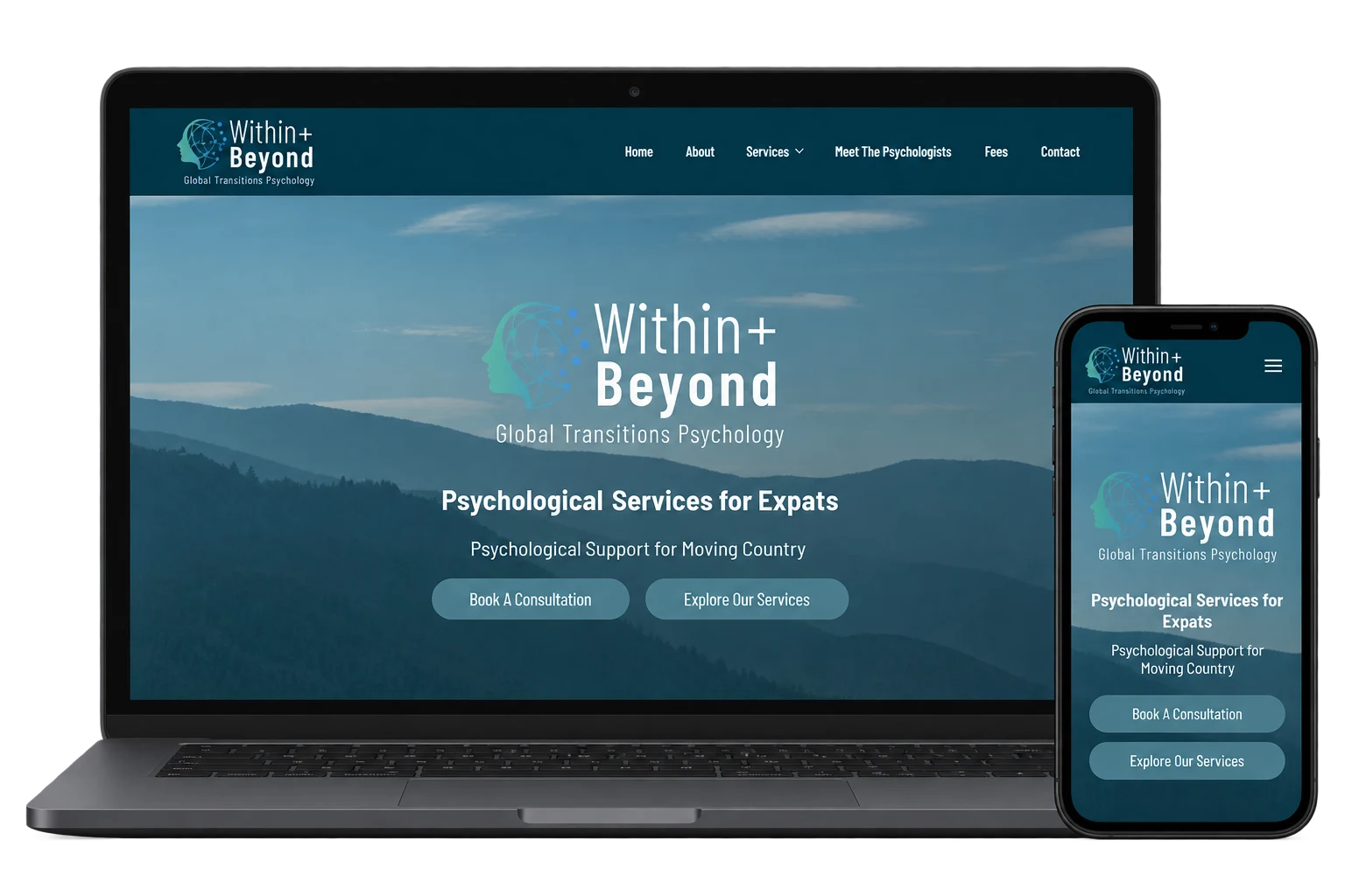 Within + Beyond Psychology website Within + Beyond Psychology website displayed on a laptop and smartphone